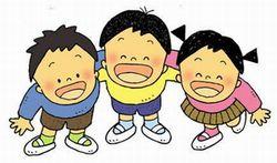 2人の男の子と1人の女の子が笑顔で肩を組みこちらを見上げる様子のイラスト