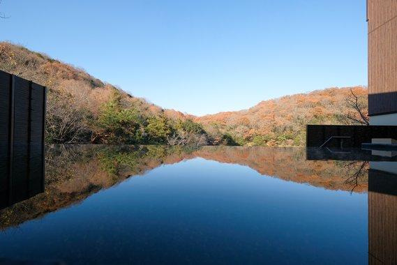 池や四季の木々の風景を楽しみながら入浴することができる、景色と湯舟が一体化したインフィニティバスの写真
