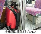 全車両の椅子の後ろに設置されたAEDの写真