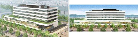 斜めと正面から見た市役所新庁舎の完成イメージの画像