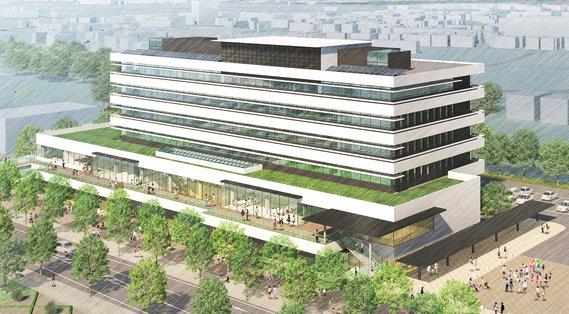斜めから見た市役所新庁舎の完成イメージ