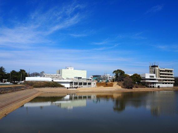 池と旧庁舎解体工事の様子を撮影した写真