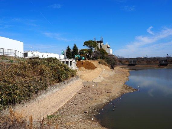 池と旧庁舎の境目から解体工事の様子を撮影した写真