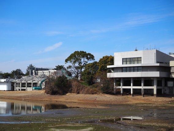池側から旧庁舎解体工事の様子を撮影した写真