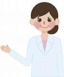 白衣を着た女性が右手を横に出しているイラスト