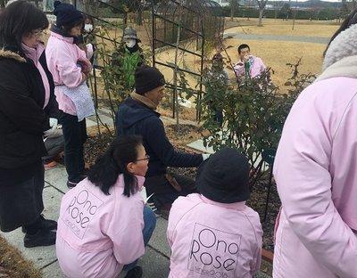 冬季剪定の解説を聴く管理員たちの写真