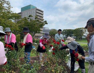 広々とした園内で作業を行う管理員たちの写真
