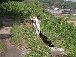 水路にたまった泥を掻き上げる人の写真