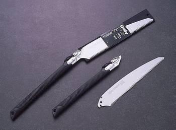 黒い持ち手とシルバーののこぎりの歯が装着され、持ち手と刃が分離されている様子のマスター330・360の写真