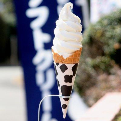 コーンスリーブが牛柄のソフトクリームの写真