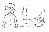 乳児の場合の胸骨圧迫の位置と指を二本使い圧迫する様子のイラスト