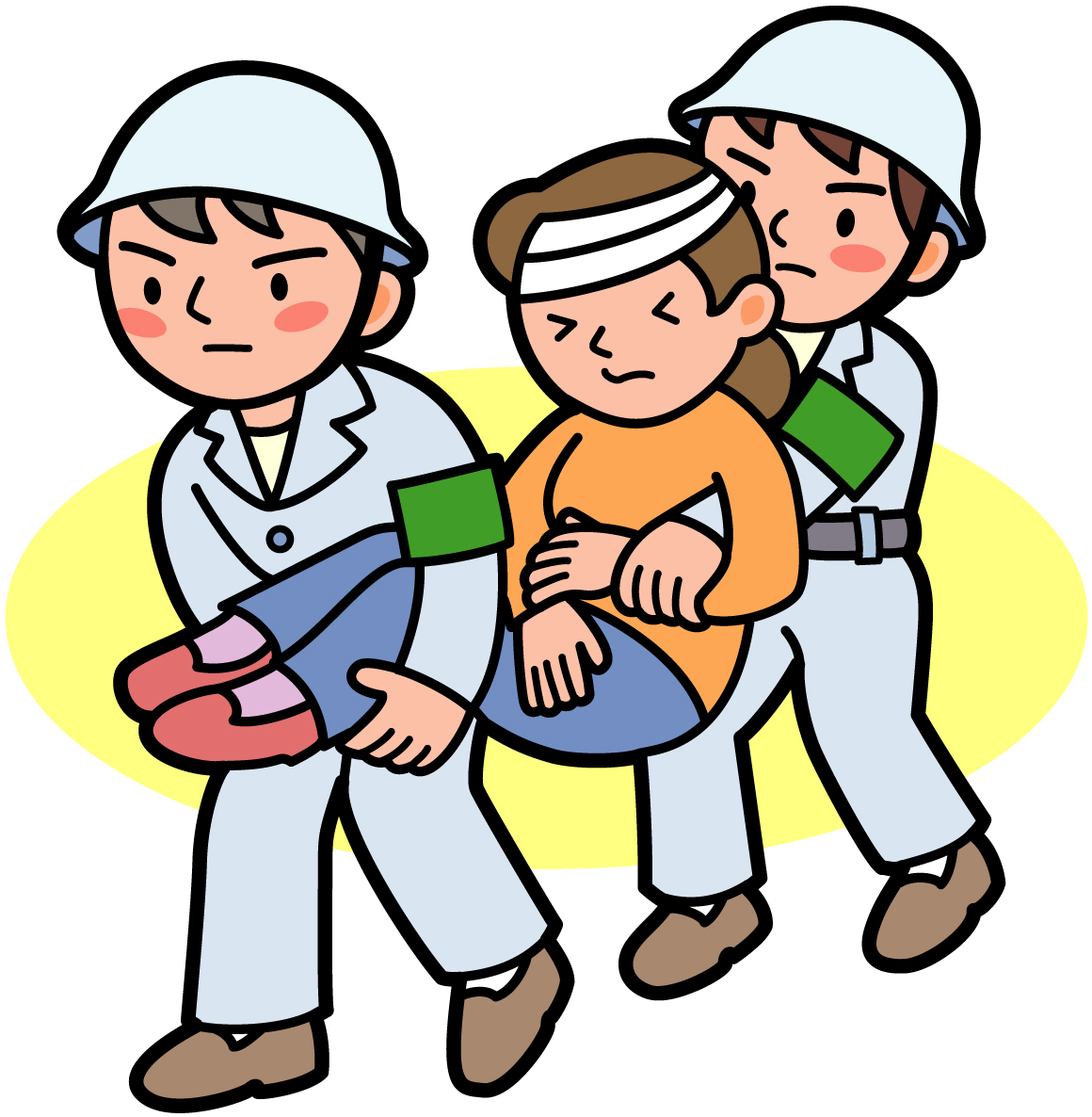 頭に包帯を巻いたけが人を2人の救護隊員が抱えて運んでいるイラスト