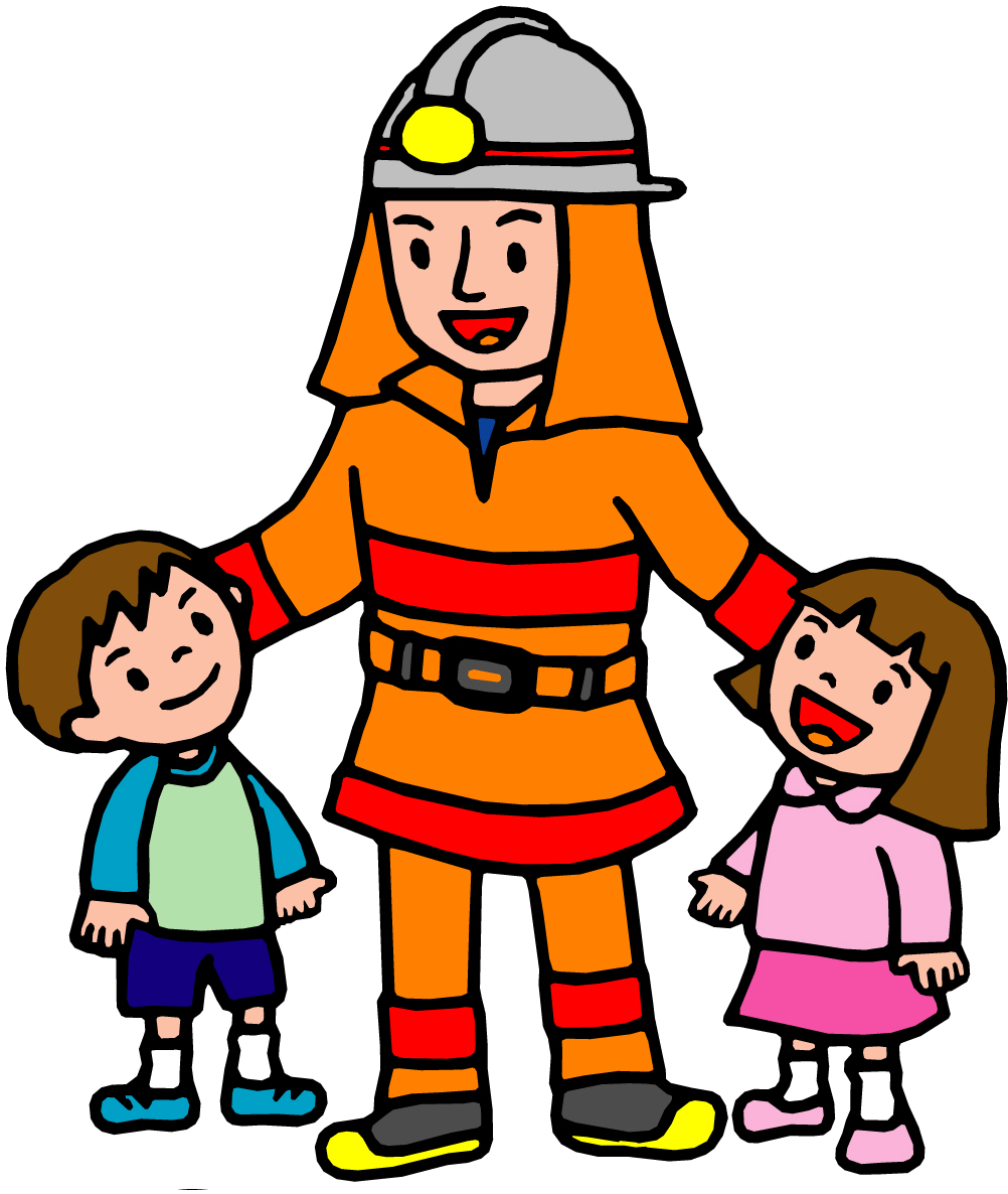 防護服を着た消防隊員が男女の子どもと並んでいるイラスト