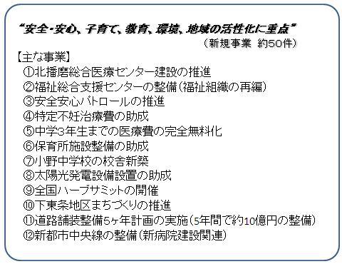 安全・安心、子育て、教育、環境、地域の活性化に重点と題する12の主な事業の例