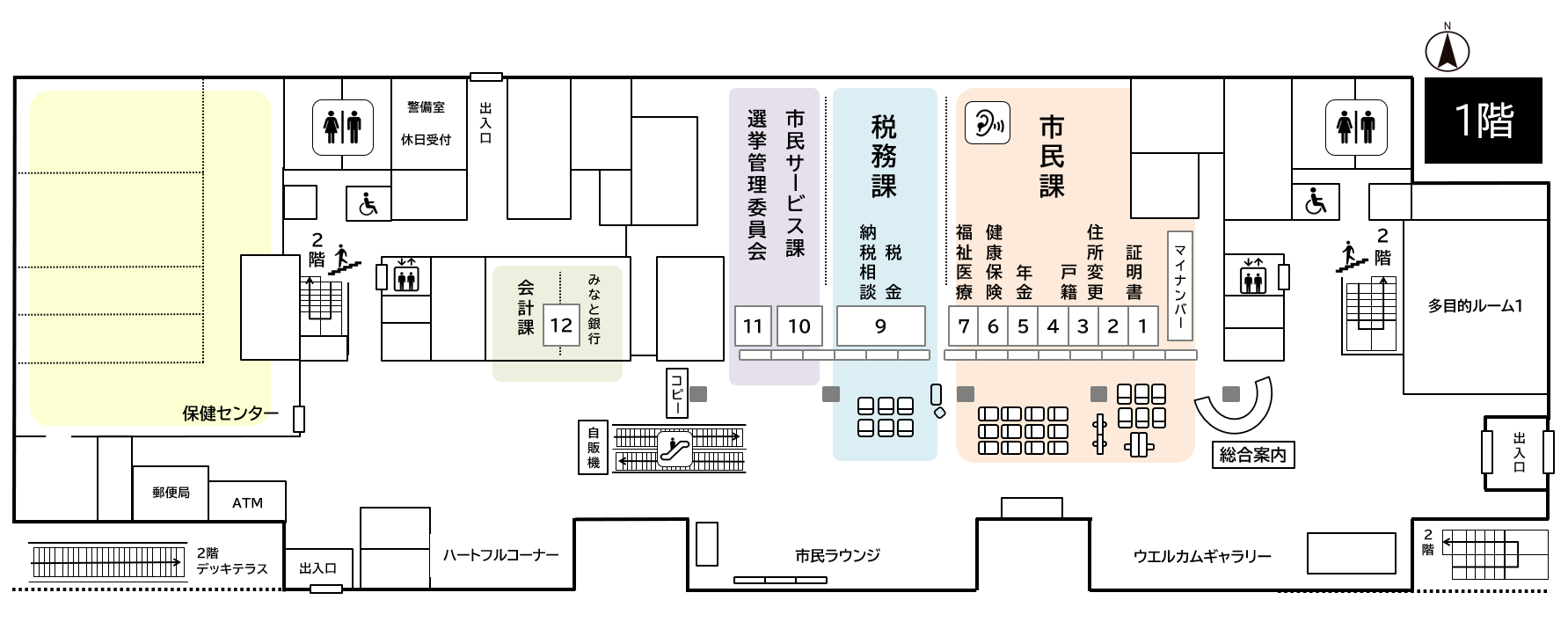 1階、市民課、税務課、市民サービス課、会計課（みなと銀行）、選挙管理委員会。総合案内、簡易郵便局、保健センター、ATM等。