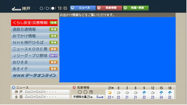 NHK神戸放送局のdボタンのメニューから「くらし安全（災害情報）」を選択した時のイメージ