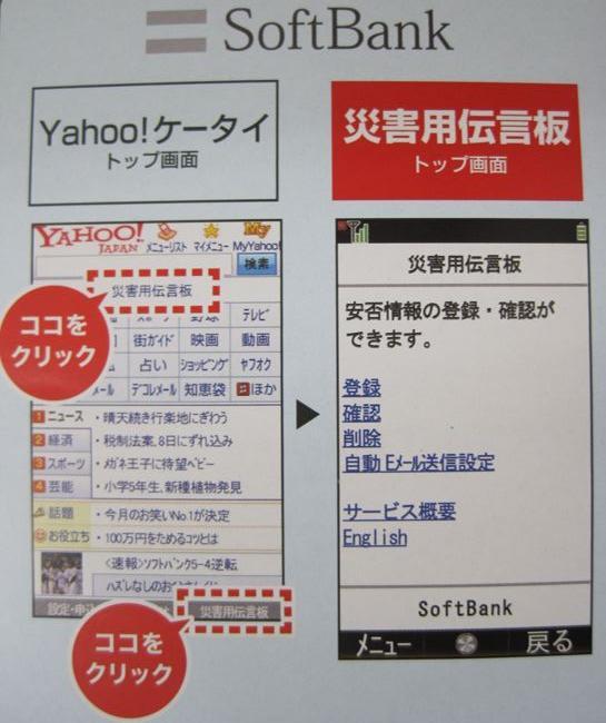 SoftBankの災害用伝言板ページへのアクセス方法を説明した写真