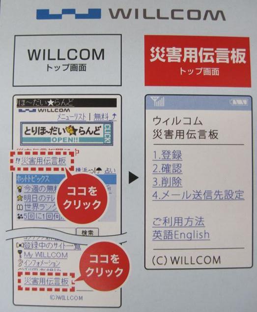 WILLCOMの災害用伝言板ページへのアクセス方法を説明した写真
