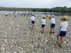 河合小学校と大部小学校にて、あゆを入れたバケツを持って河原を歩く子供たちの写真