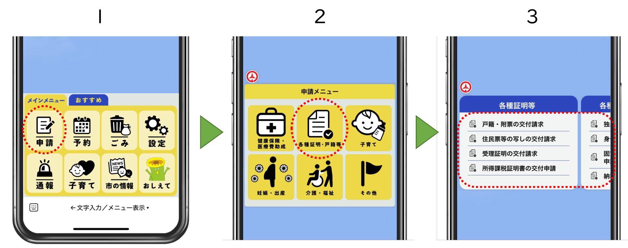 各種証明等の選択までの流れ