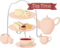 お皿に乗せられたお菓子や、ティーポット、コップが並んでおり「Tea Time」と書かれているイラスト