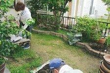 植物が生い茂る庭園を二人の人が作業をしている写真