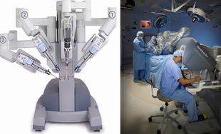4本のアームがある手術支援ロボット「ダヴィンチ」の写真と、それを手術の現場で使用している写真