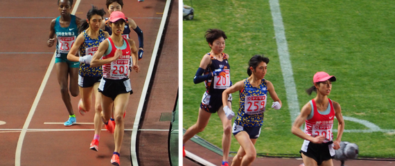 左は直線部を走る田中希実選手の写真、右はコーナーを走る田中希実選手の写真