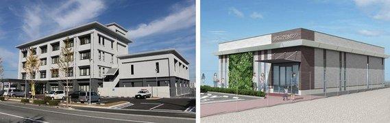 画像左：開署された小野警察署の庁舎外観の写真。画像右：今回完成した、小野市安全安心センターの外観のイメージ図
