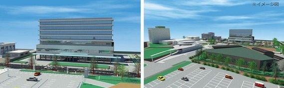 画像左：小野市役所・新庁舎外観の完成予想イメージ図。画像右：小野市役所・新庁舎一帯の完成予想イメージ図