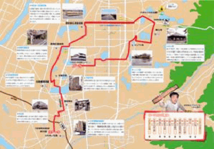 「新兵庫史を歩く」の収録における、小野市内の移動コースを示した地図