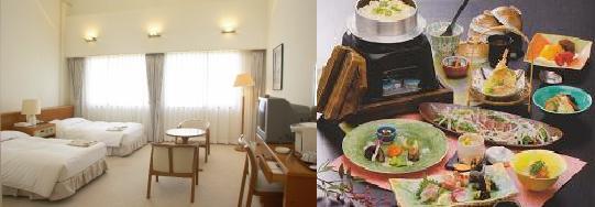 小野向日葵ホテルのツインルームの写真と、和食中心の食事例の写真