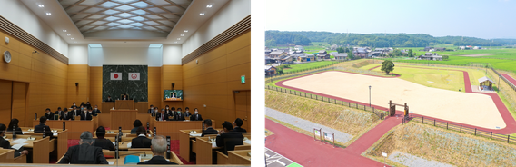 左は女性議長が就任した小野市議会の写真、右は門と赤い道がある堀井城跡ふれあい公園を見渡した写真