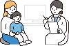 泣く子供と抱きかかえる母親とその隣に白衣の医者がいるイラスト