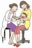 予防接種を受ける子供と抱きかかえる母親と注射を打つ医者のイラスト