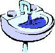 蛇口から青い水が流れて洗面台に溜まっている様子のイラスト