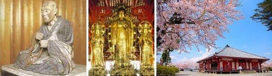 浄土寺に収められた仏像と観音様や満開の桜に囲まれた浄土寺の外観の3枚の写真