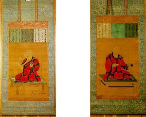 鮮やかな色彩で高僧を描いた真言八祖像の中の2枚の掛軸の写真