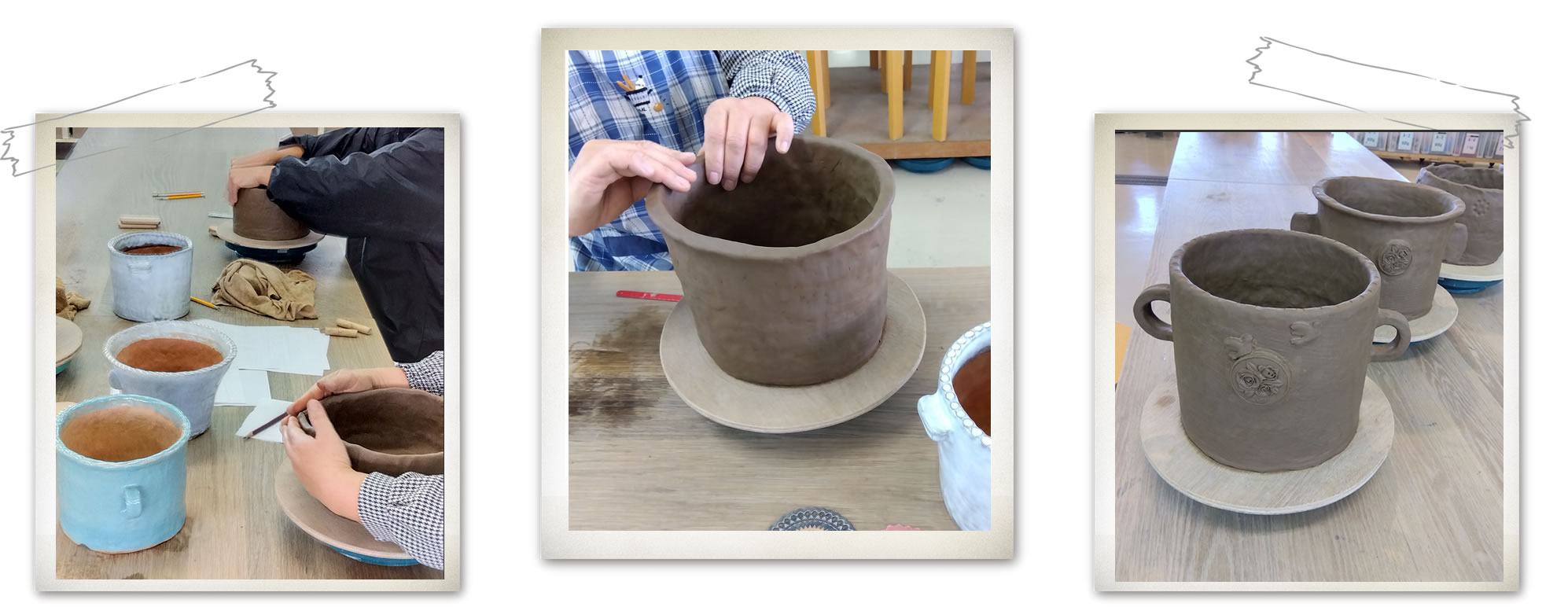 陶芸体験で植木鉢を作る様子