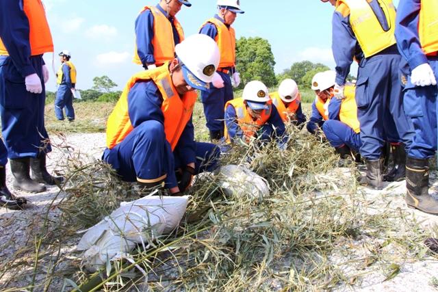 ヘルメットを被り救命胴衣を着た消防隊員が草むらに手を突っ込んで作業をしている写真