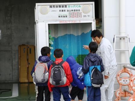 降雨体験装置の前で職員からの説明を受けている4人の子供たちの写真