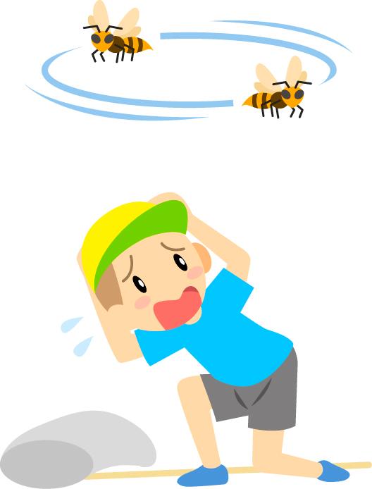 空中を飛んでいるスズメバチを警戒し、片膝をついてしゃがむ男の子のイラスト