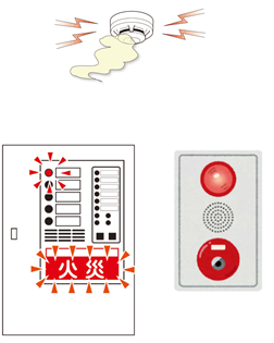 煙を感知して火災警報装置が鳴っていてパネルの警報ランプが点灯しているイラスト