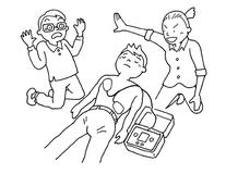 仰向けになった男性にAEDの電極パットを貼り、女性が他の人に対して救助指示を行っているイラスト