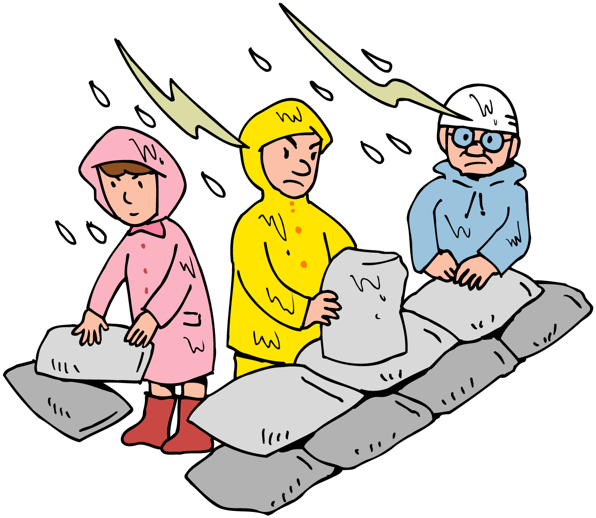 レインコートを着た3人の人が雨の中で土のうを積み上げているイラスト