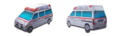 白い車体で少し車高が低めの高規格救急車（救急2）のペーパークラフトの完成写真