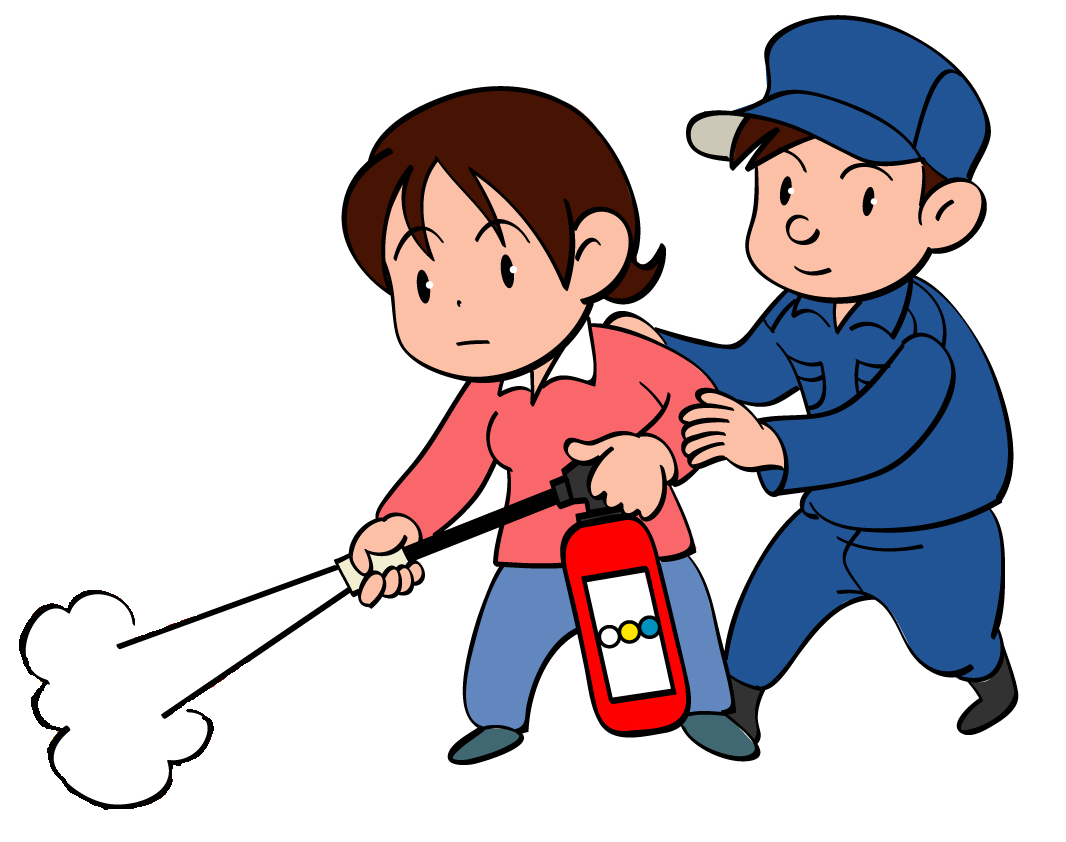 消火器を持った女性が消防隊員の手助けで消火剤を噴射しているイラスト