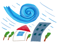 台風で家や木などが傾いて描かれているイラスト