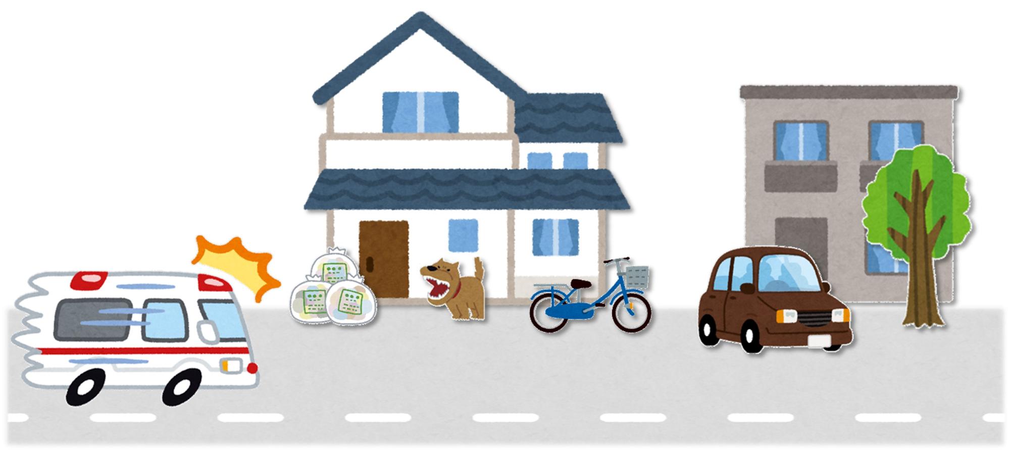 ゴミなどの放置物、敷地境界線近くで飼っているペット、路上に放置してある自転車、路上駐車、道路にはみ出している樹木