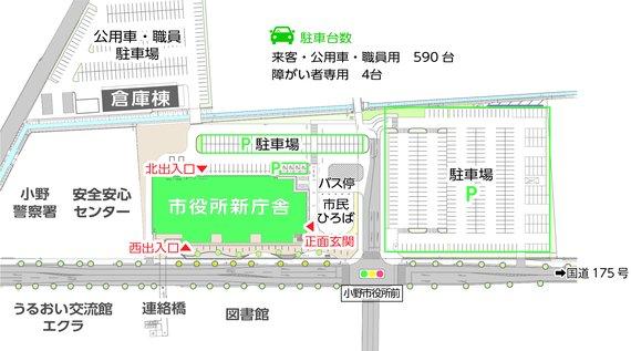 市役所新庁舎の駐車場の案内図